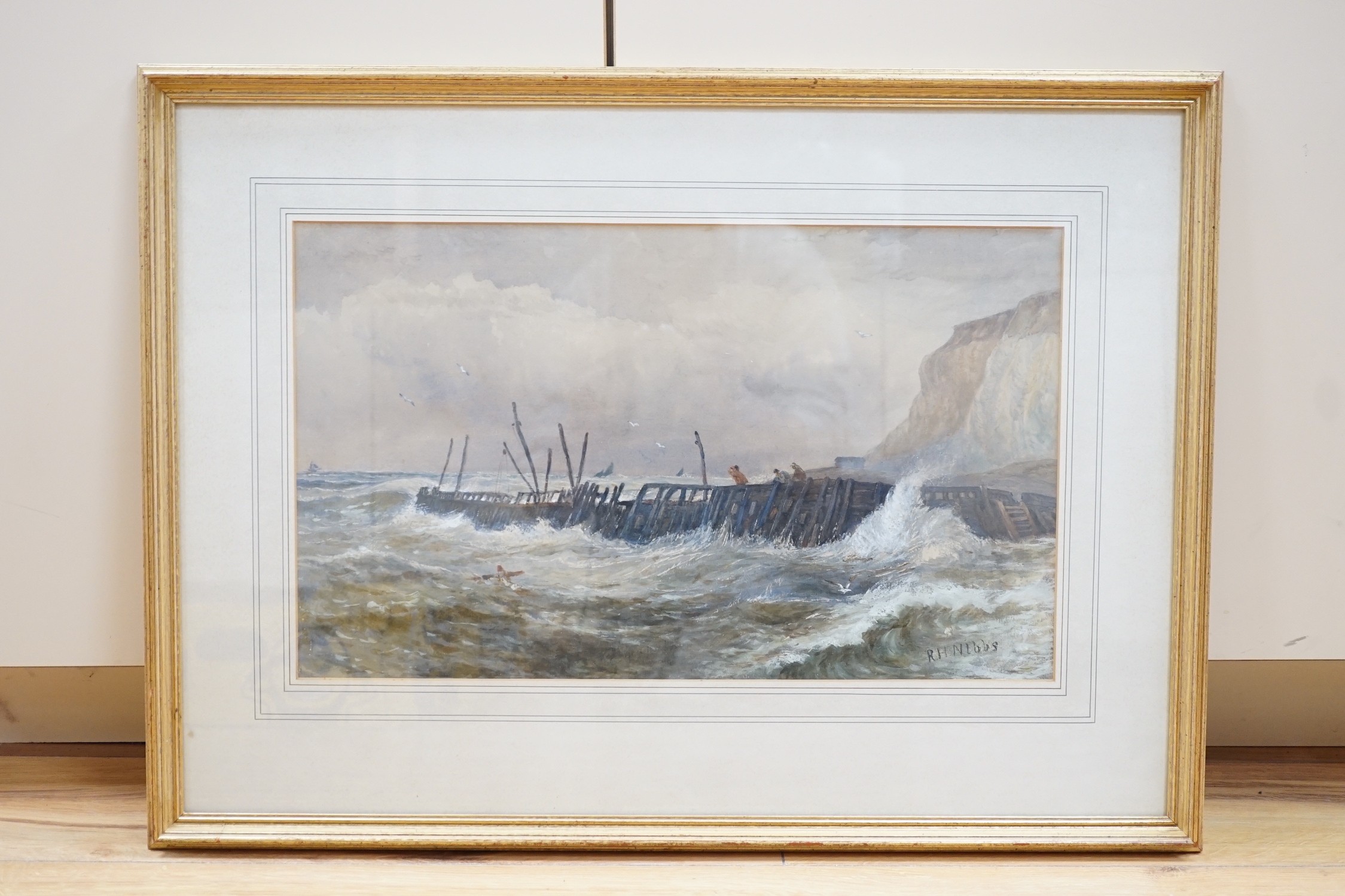 Richard Henry Nibbs (1816-1893), watercolour, 'The Old Breakwater, Newhaven', signed, 27 x 46cm